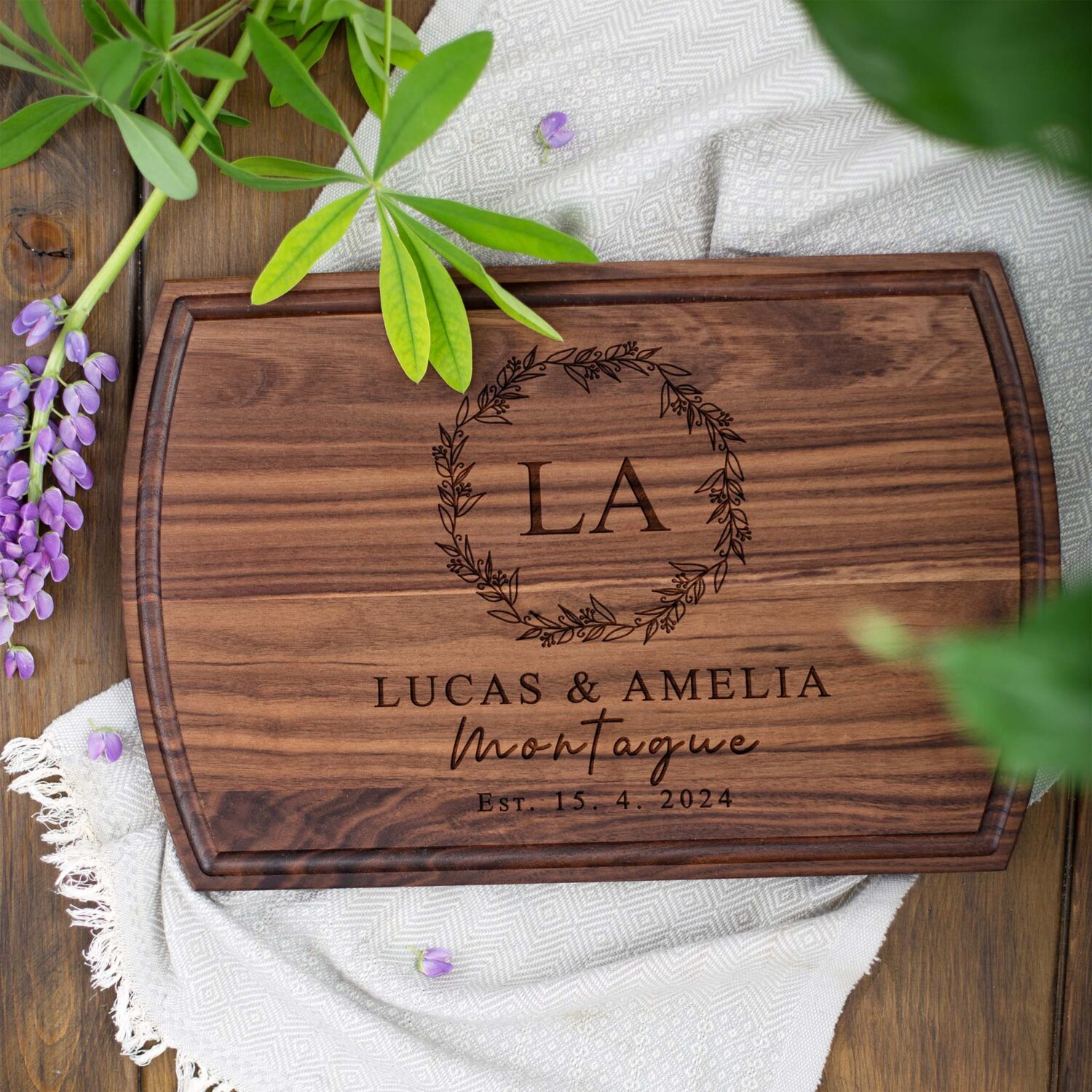 Personalized wooden cutting board as a wedding or anniversary gift
