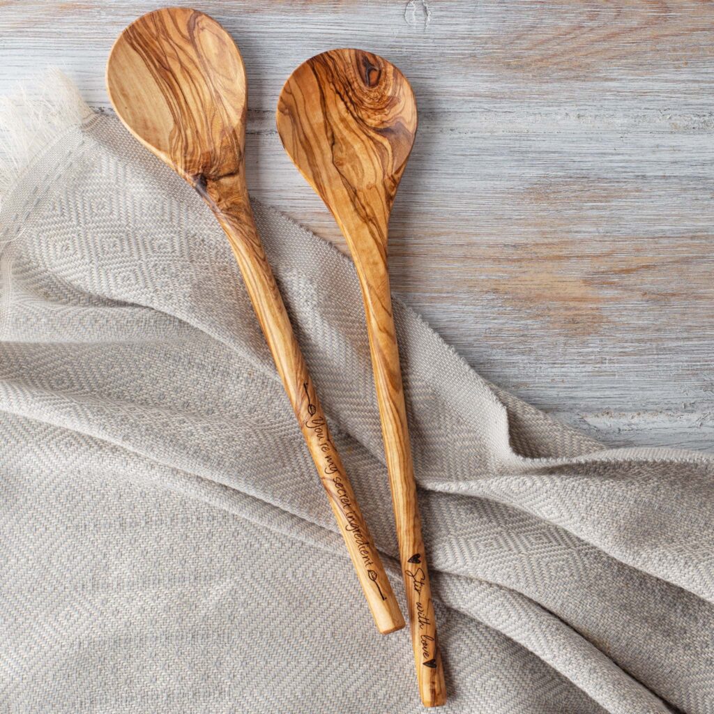 Customer photo: olive wood spoons with custom engraving