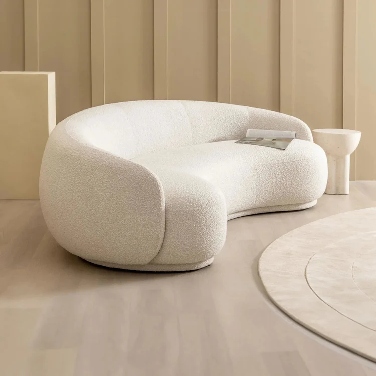 Bouclé curved sofa with wabi-sabi Japanese aesthetics